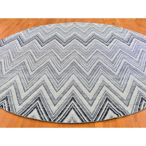 11'9"x11'9" Gray-Blue Chevron Design Textured Wool and Pure Silk Hand Knotted Round Oriental Rug FWR401118