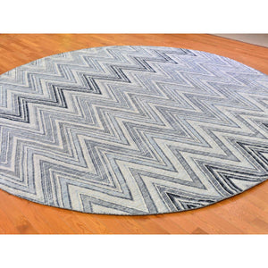 11'9"x11'9" Gray-Blue Chevron Design Textured Wool and Pure Silk Hand Knotted Round Oriental Rug FWR401118
