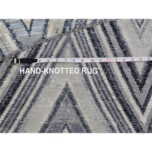 Load image into Gallery viewer, 11&#39;9&quot;x11&#39;9&quot; Gray-Blue Chevron Design Textured Wool and Pure Silk Hand Knotted Round Oriental Rug FWR401118