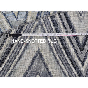 11'9"x11'9" Gray-Blue Chevron Design Textured Wool and Pure Silk Hand Knotted Round Oriental Rug FWR401118