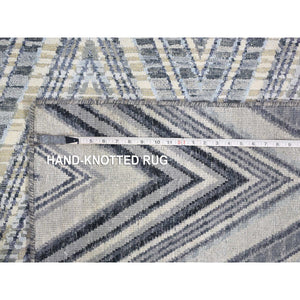 9'10"x14'3" Chevron Design Modern Textured Wool And Pure Silk Hand Knotted Ivory Oriental Rug FWR401244