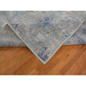9'x12'1" Modern Hand Knotted Ivory Large Elements With Pastels Silk With Textured Wool Oriental Rug FWR401256