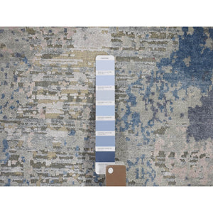 9'x12'1" Modern Hand Knotted Ivory Large Elements With Pastels Silk With Textured Wool Oriental Rug FWR401256