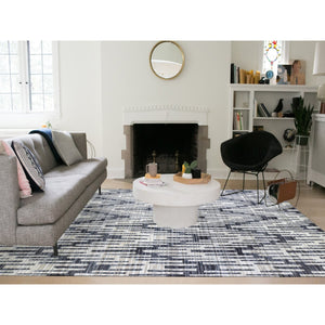 9'x12' Black And White Zig Zag Design Pure Silk And Textured Wool Oriental Rug FWR401730