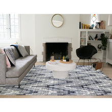 Load image into Gallery viewer, 9&#39;x12&#39; Black And White Zig Zag Design Pure Silk And Textured Wool Oriental Rug FWR401730