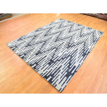 Load image into Gallery viewer, 9&#39;x12&#39; Black And White Zig Zag Design Pure Silk And Textured Wool Oriental Rug FWR401730