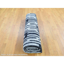 Load image into Gallery viewer, 9&#39;x12&#39; Black And White Zig Zag Design Pure Silk And Textured Wool Oriental Rug FWR401730