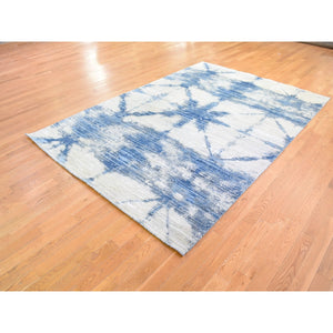 6'1"x9'1" Blue And White Extremely Durable Modern Hand Knotted Pure Silk And Textured Wool Oriental Rug FWR401742