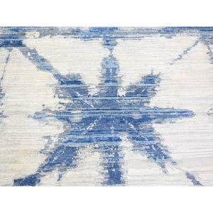 6'1"x9'1" Blue And White Extremely Durable Modern Hand Knotted Pure Silk And Textured Wool Oriental Rug FWR401742