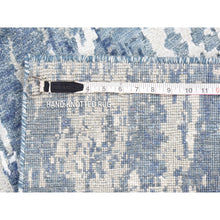 Load image into Gallery viewer, 4&#39;1&quot;x10&#39;2&quot; Wool And Real Silk Hand Knotted Blue Abstract Design With Soft Colors Oriental Runner Rug FWR401778