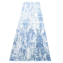Load image into Gallery viewer, 2&#39;6&quot;x10&#39;1&quot; Hand Knotted Denim Blue Abstract Design Wool and Real Silk Runner Oriental Rug FWR401880