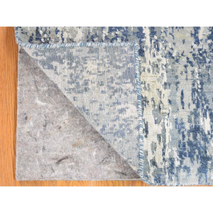 2'6"x10'1" Hand Knotted Denim Blue Abstract Design Wool and Real Silk Runner Oriental Rug FWR401880