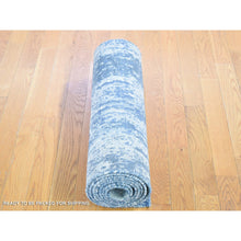 Load image into Gallery viewer, 2&#39;6&quot;x10&#39;1&quot; Hand Knotted Denim Blue Abstract Design Wool and Real Silk Runner Oriental Rug FWR401880