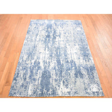 Load image into Gallery viewer, 2&#39;6&quot;x10&#39;1&quot; Hand Knotted Denim Blue Abstract Design Wool And Real Silk Runner Oriental Rug FWR401880