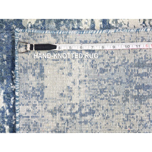 2'6"x10'1" Hand Knotted Denim Blue Abstract Design Wool and Real Silk Runner Oriental Rug FWR401880