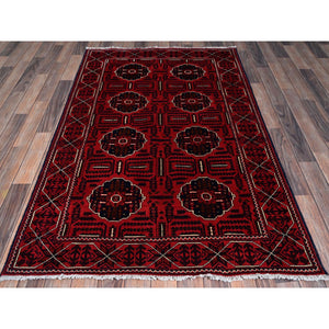 4'x6'4" Crimson Red, Afghan Khamyab with Tribal Medallions Design, Soft and Velvety Wool, Natural Dyes, Hand Knotted, Oriental Rug FWR4014