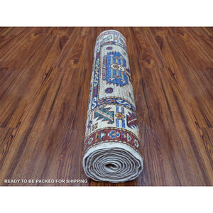 2'8"x10' Beige Geometric Design Natural Wool Super Kazak Hand-knotted Oriental Runner Rug FWR402510