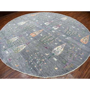 12'x12' Gray Peshawar Folk Art Willow And Cypress Tree Design Hand Knotted Borderless Round Oriental Rug FWR402954