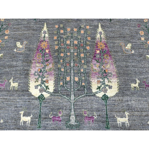 12'x12' Gray Peshawar Folk Art Willow And Cypress Tree Design Hand Knotted Borderless Round Oriental Rug FWR402954