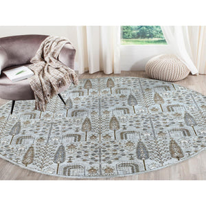 8'3"x8'3" Gray Peshawar With Folk Art Cypress Tree Design Shiny Wool Round Hand Knotted Oriental Rug FWR402978