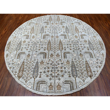 Load image into Gallery viewer, 8&#39;3&quot;x8&#39;3&quot; Gray Peshawar With Folk Art Cypress Tree Design Shiny Wool Round Hand Knotted Oriental Rug FWR402978