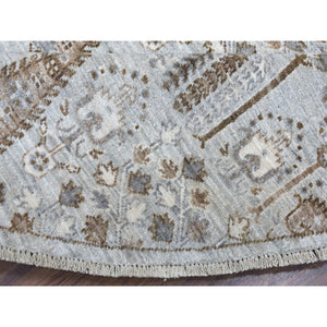 8'3"x8'3" Gray Peshawar With Folk Art Cypress Tree Design Shiny Wool Round Hand Knotted Oriental Rug FWR402978