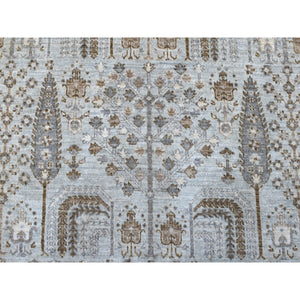 8'3"x8'3" Gray Peshawar With Folk Art Cypress Tree Design Shiny Wool Round Hand Knotted Oriental Rug FWR402978