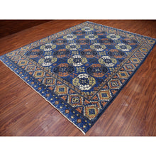 Load image into Gallery viewer, 9&#39;5&quot;x12&#39; Hand Knotted Pure Wool Afghan Ersari Navy Blue With Pop Of Color Elephant Feet Design Oriental Rug FWR403578