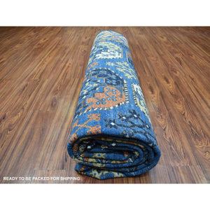9'5"x12' Hand Knotted Pure Wool Afghan Ersari Navy Blue With Pop Of Color Elephant Feet Design Oriental Rug FWR403578