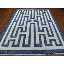 Load image into Gallery viewer, 7&#39;10&quot;x9&#39;9&quot; Blue Shiny Wool Maze Design With Berber Influence Hand Knotted Soft, Velvety Plush Oriental Rug FWR405378