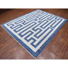 Load image into Gallery viewer, 7&#39;10&quot;x9&#39;9&quot; Blue Shiny Wool Maze Design With Berber Influence Hand Knotted Soft, Velvety Plush Oriental Rug FWR405378