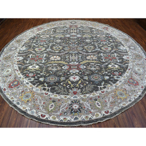 11'7"x11'7" Hand Knotted Vibrant Wool Peshawar Design Gray With Floral Motifs Oriental Round Rug FWR405390