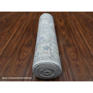 2'10"x16' Hand Knotted Soft, Velvety Plush Angora Oushak Light Gray With Colorful Motifs Oriental Xl Runner Rug FWR405582