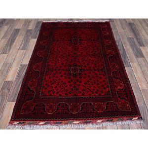 3'5"x5'2" Scarlet Red, Hand Knotted, Afghan Khamyab With Tribal Design, Vegetable Dyes, Soft And Shiny Wool, Oriental Rug FWR4050