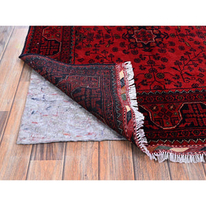 3'5"x5'2" Scarlet Red, Hand Knotted, Afghan Khamyab With Tribal Design, Vegetable Dyes, Soft And Shiny Wool, Oriental Rug FWR4050