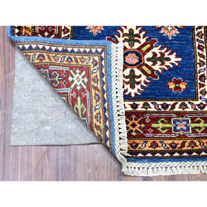 2'7"x8'7" Extra Soft Wool Denim Blue Super Kazak With Tribal Design Hand Knotted Oriental Runner Rug FWR405960