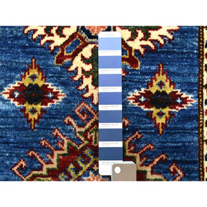 2'7"x8'7" Extra Soft Wool Denim Blue Super Kazak With Tribal Design Hand Knotted Oriental Runner Rug FWR405960