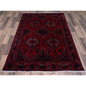 3'10"x5'7" Crimson Red, Afghan Khamyab with Geometric Design, Hand Knotted, Soft and Velvety Wool, Vegetable Dyes, Oriental Rug FWR4056