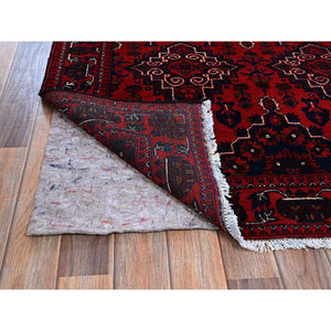 3'10"x5'7" Crimson Red, Afghan Khamyab with Geometric Design, Hand Knotted, Soft and Velvety Wool, Vegetable Dyes, Oriental Rug FWR4056