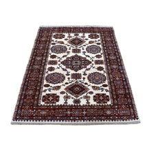 Load image into Gallery viewer, 3&#39;10&quot;x5&#39; Ivory with Mix of Red Super Kazak Tribal Design Hand Knotted Afghan Wool Oriental Rug FWR406338