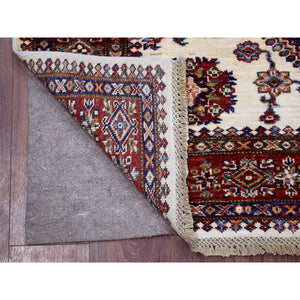 3'10"x5' Ivory with Mix of Red Super Kazak Tribal Design Hand Knotted Afghan Wool Oriental Rug FWR406338
