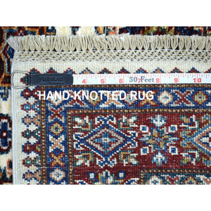3'10"x5' Ivory with Mix of Red Super Kazak Tribal Design Hand Knotted Afghan Wool Oriental Rug FWR406338