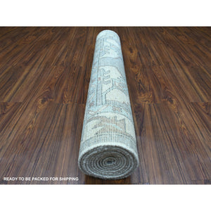 3'10"x12'1" Gray Geometric Anatolian Village Inspired Angora Oushak Hand Knotted Natural Wool Oriental Runner Rug FWR407496