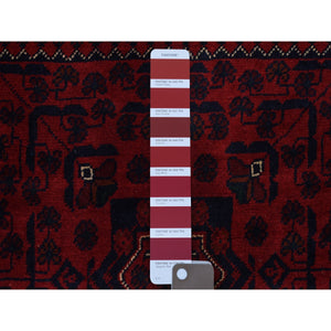 3'3"x4'8" Deep And Saturated Red Geometric Design Afghan Khamyab Shiny Wool Hand Knotted Scatter Size Oriental Rug FWR407748