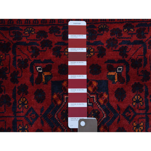 3'3"x5' Tribal And Geometric Design Denser Weave With Shiny Wool Deep And Saturated Red Afghan Khamyab Hand Knotted Oriental Rug FWR407766