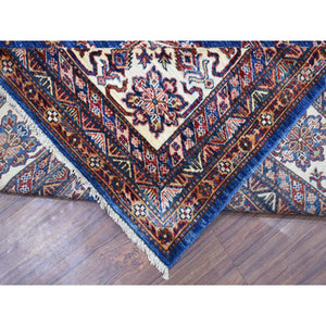 8'10"x12' Super Kazak With Geometric Medallion Design Denim Blue Hand Knotted 100% Wool Oriental Rug FWR407970
