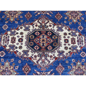8'10"x12' Super Kazak With Geometric Medallion Design Denim Blue Hand Knotted 100% Wool Oriental Rug FWR407970