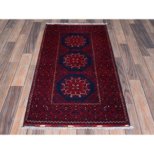 2'2"x4' Scarlet Red, Hand Knotted, Afghan Khamyab With Tribal Design, Pure Wool, Natural Dyes, Mat, Sample, Oriental Rug FWR4074