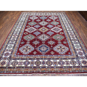8'1"x10' Deep Red Soft Afghan Wool Hand Knotted Super Kazak With Geometric Design Oriental Rug FWR408348