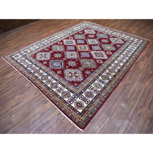 8'1"x10' Deep Red Soft Afghan Wool Hand Knotted Super Kazak With Geometric Design Oriental Rug FWR408348